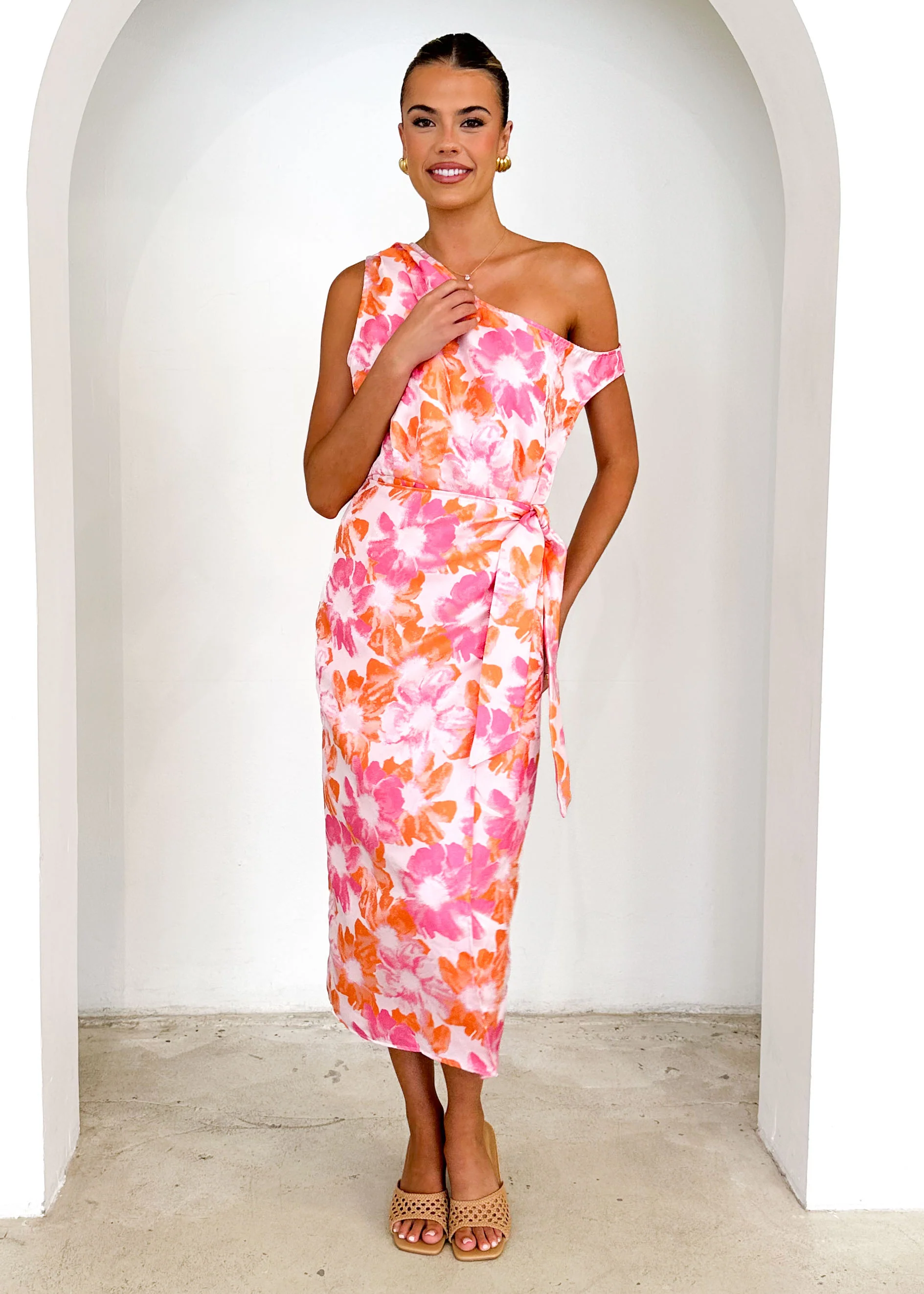 Sansara One Shoulder Midi Dress - Sunset Floral - Honorern