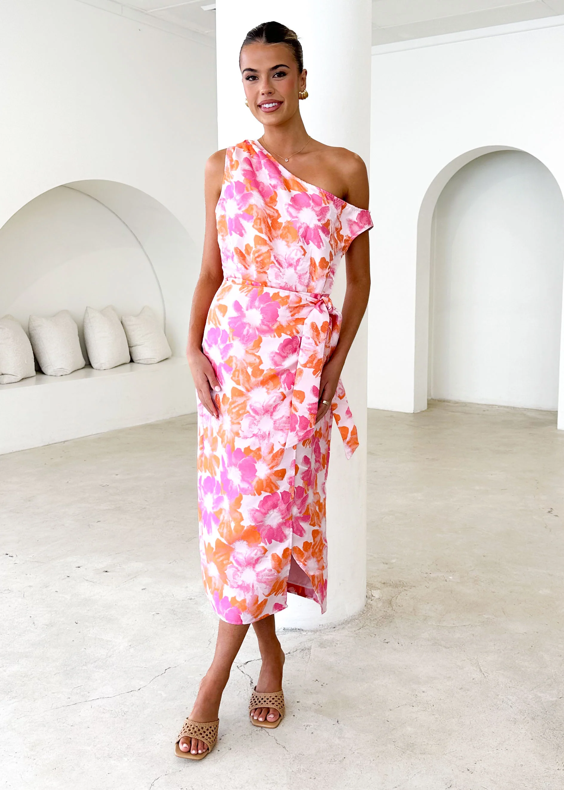 Sansara One Shoulder Midi Dress - Sunset Floral - Honorern