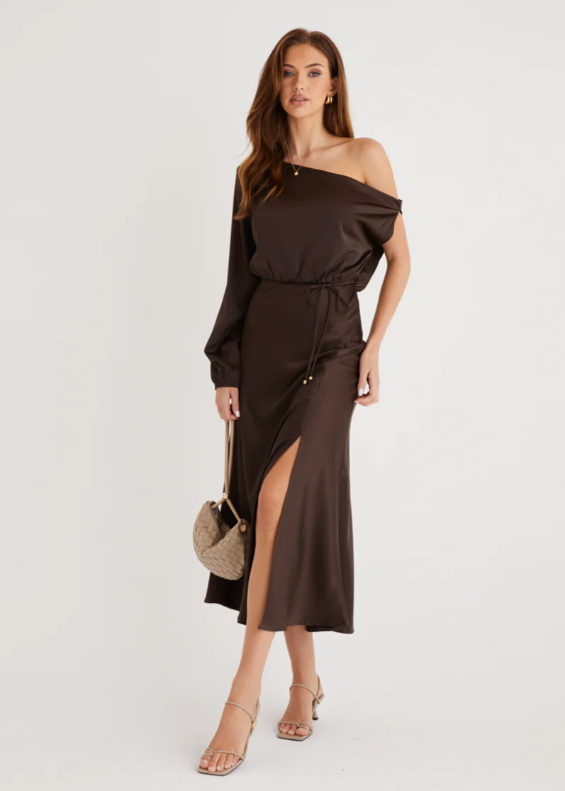 Skylah Drop Shoulder Midi Dress - Chocolate - Honorern