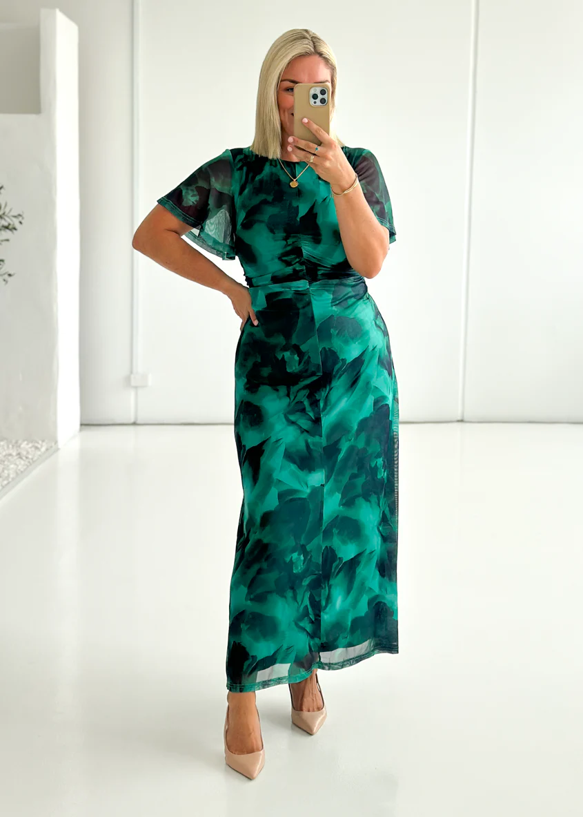 Ricki Mesh Midi Dress - Emerald Watercolour - Honorern