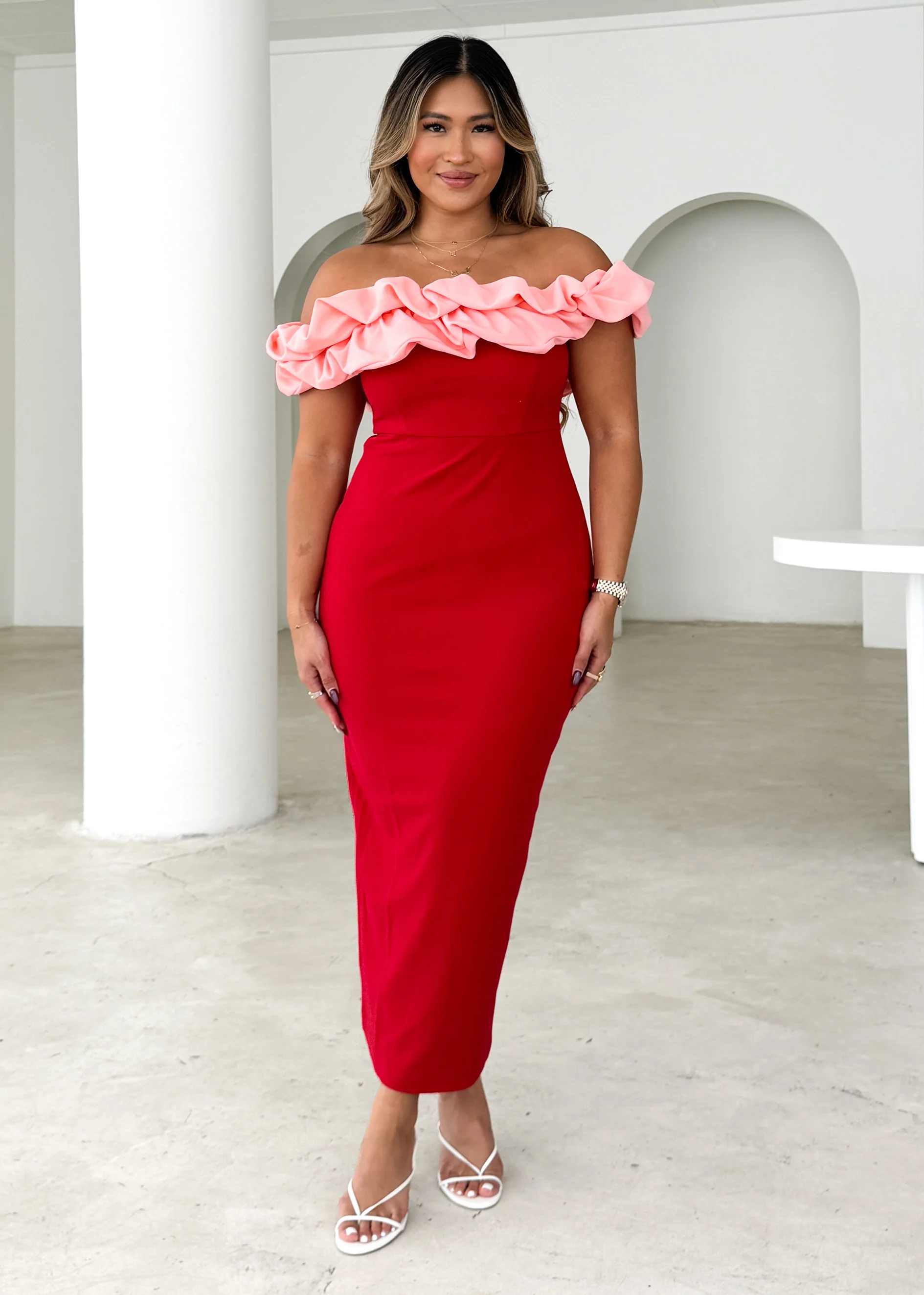Ashlynn Off Shoulder Midi Dress - Cherry Splice - Honorern