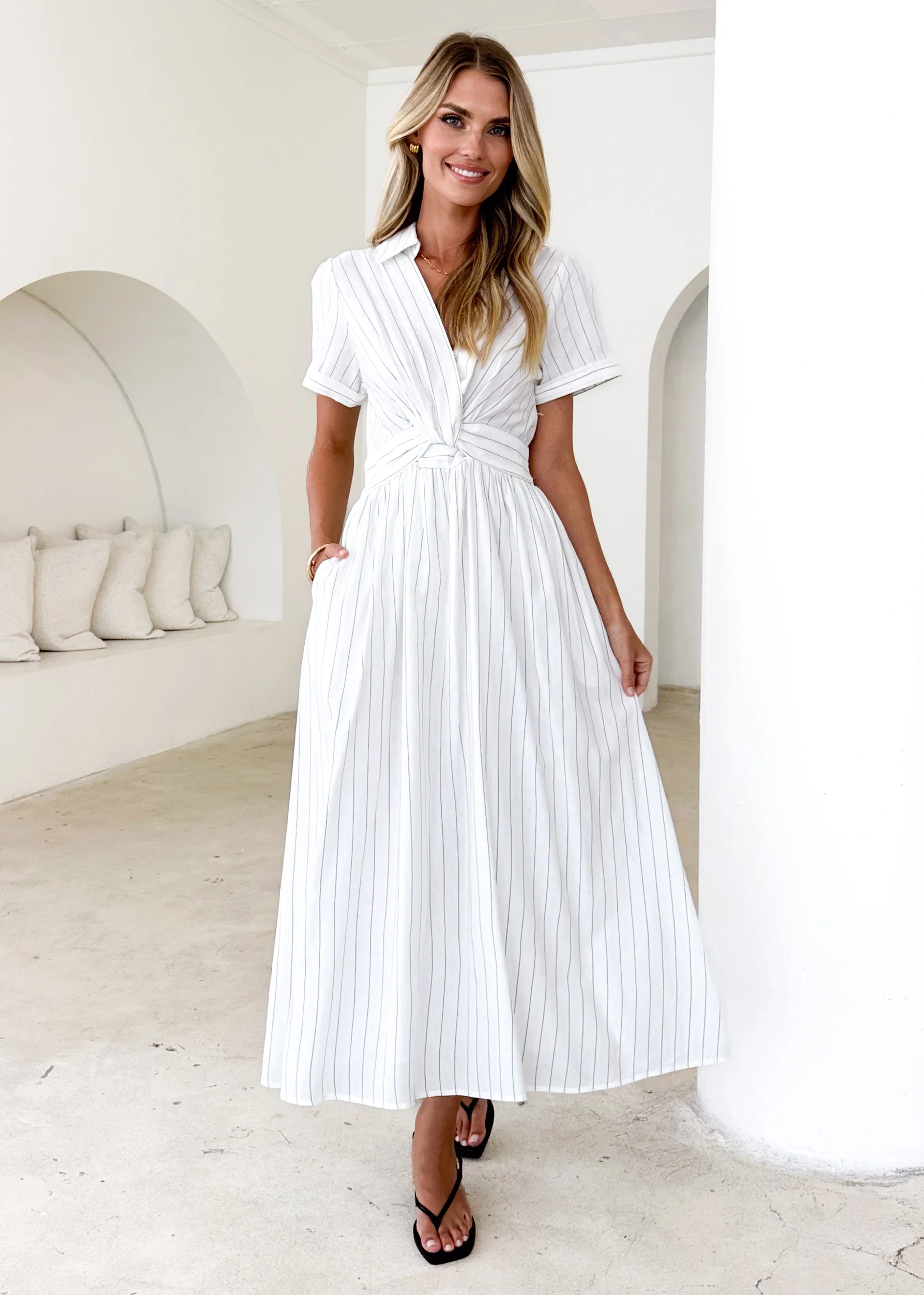 Santana Midi Dress - White Pinstripe - Honorern