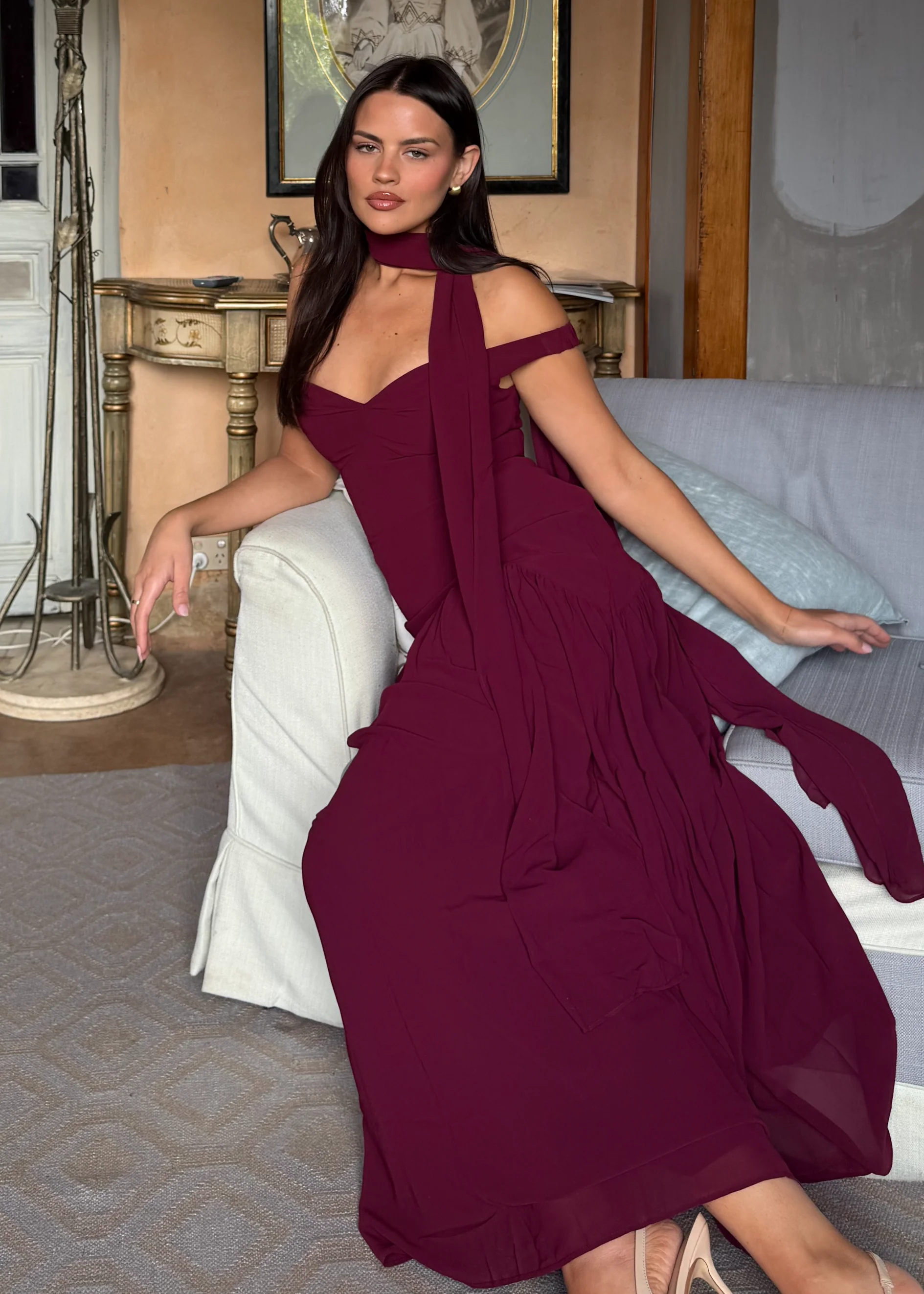 Kirah Off Shoulder Maxi Dress - Wine - Honorern