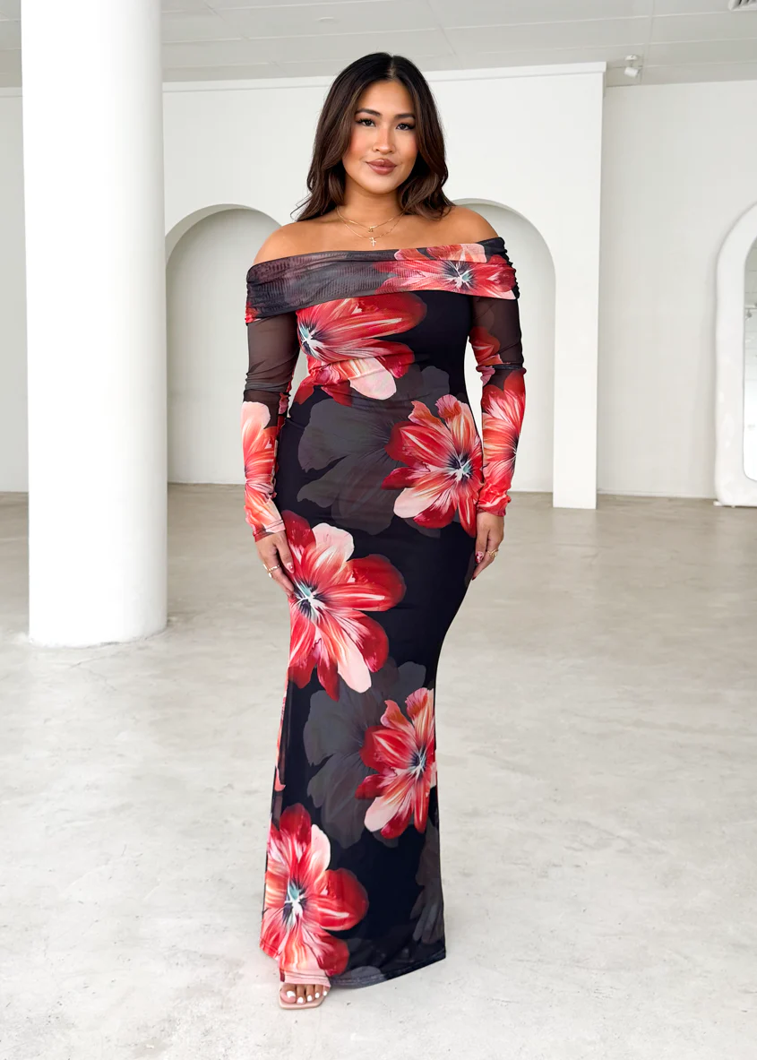 Sienna Mesh Off Shoulder Maxi Dress - Red Floral - Honorern