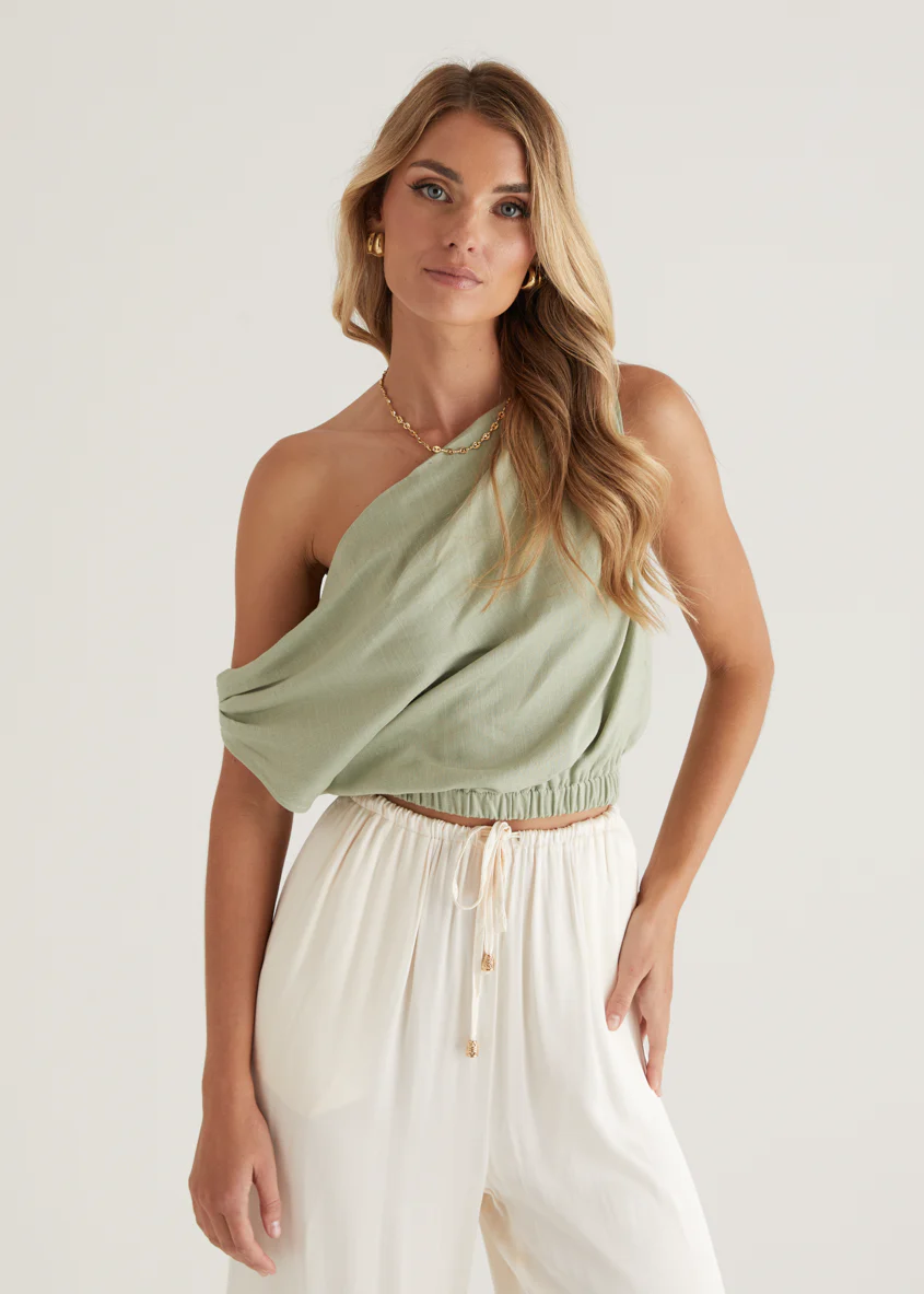 Emiko One Shoulder Crop - Sage - Honorern