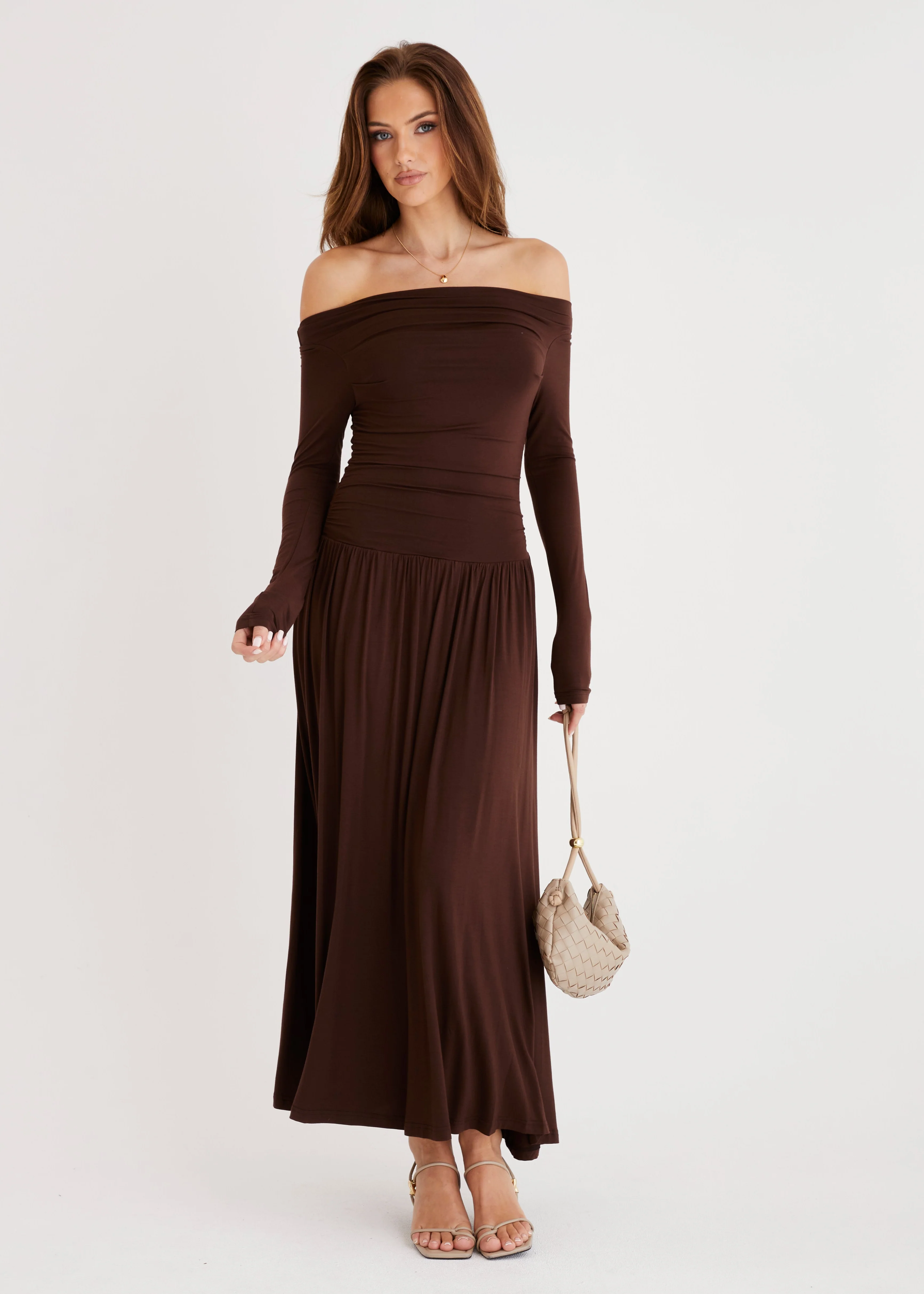 Aluna Off Shoulder Maxi Dress - Chocolate - Honorern