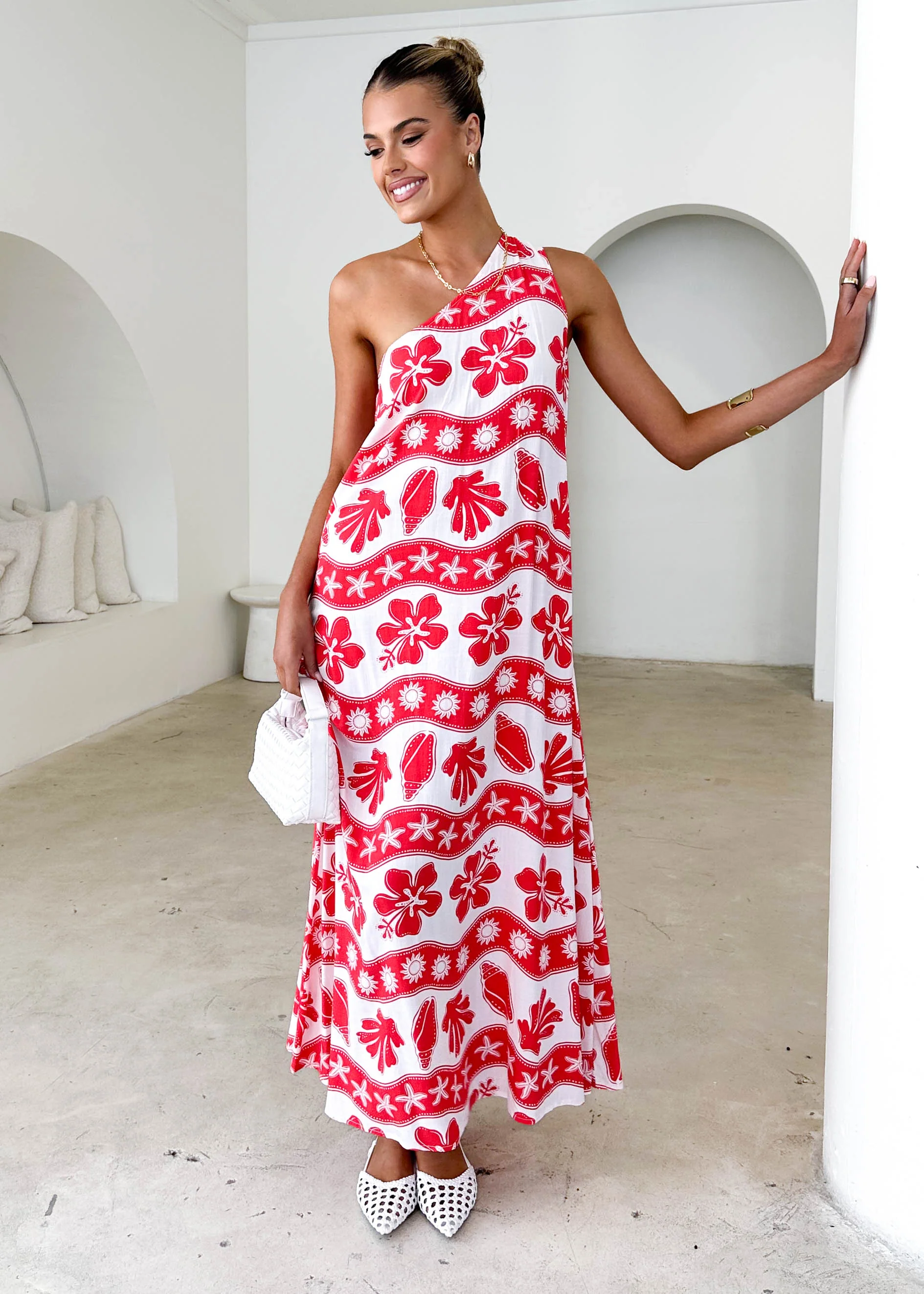 Boderie One Shoulder Maxi Dress - Red Kaida - Honorern