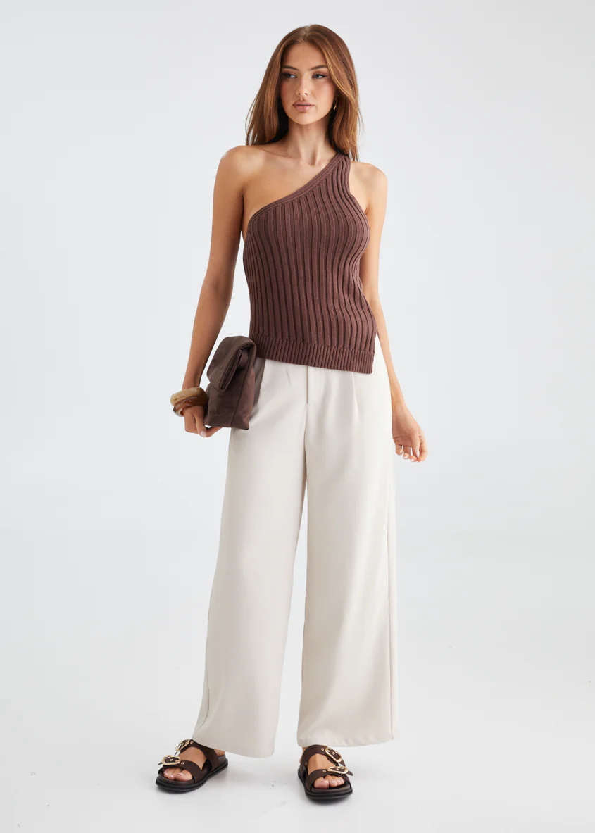 Natalee One Shoulder Knit Top - Chocolate - Honorern