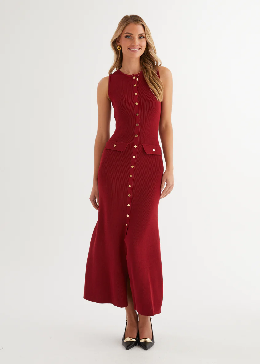 Tully Knit Midi Dress - Wine - Honorern