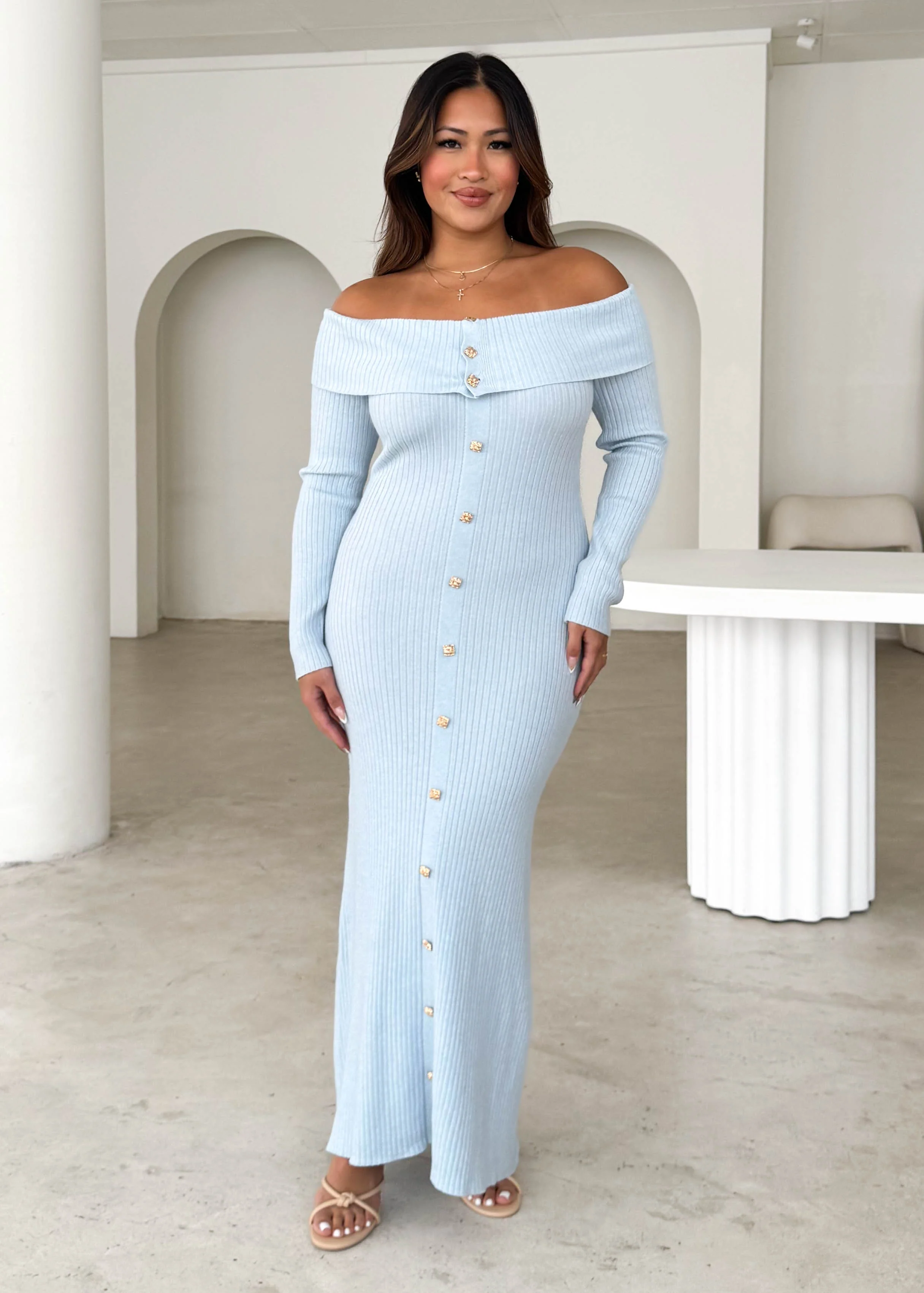 Aloe Off Shoulder Knit Maxi Dress - Powder Blue - Honorern
