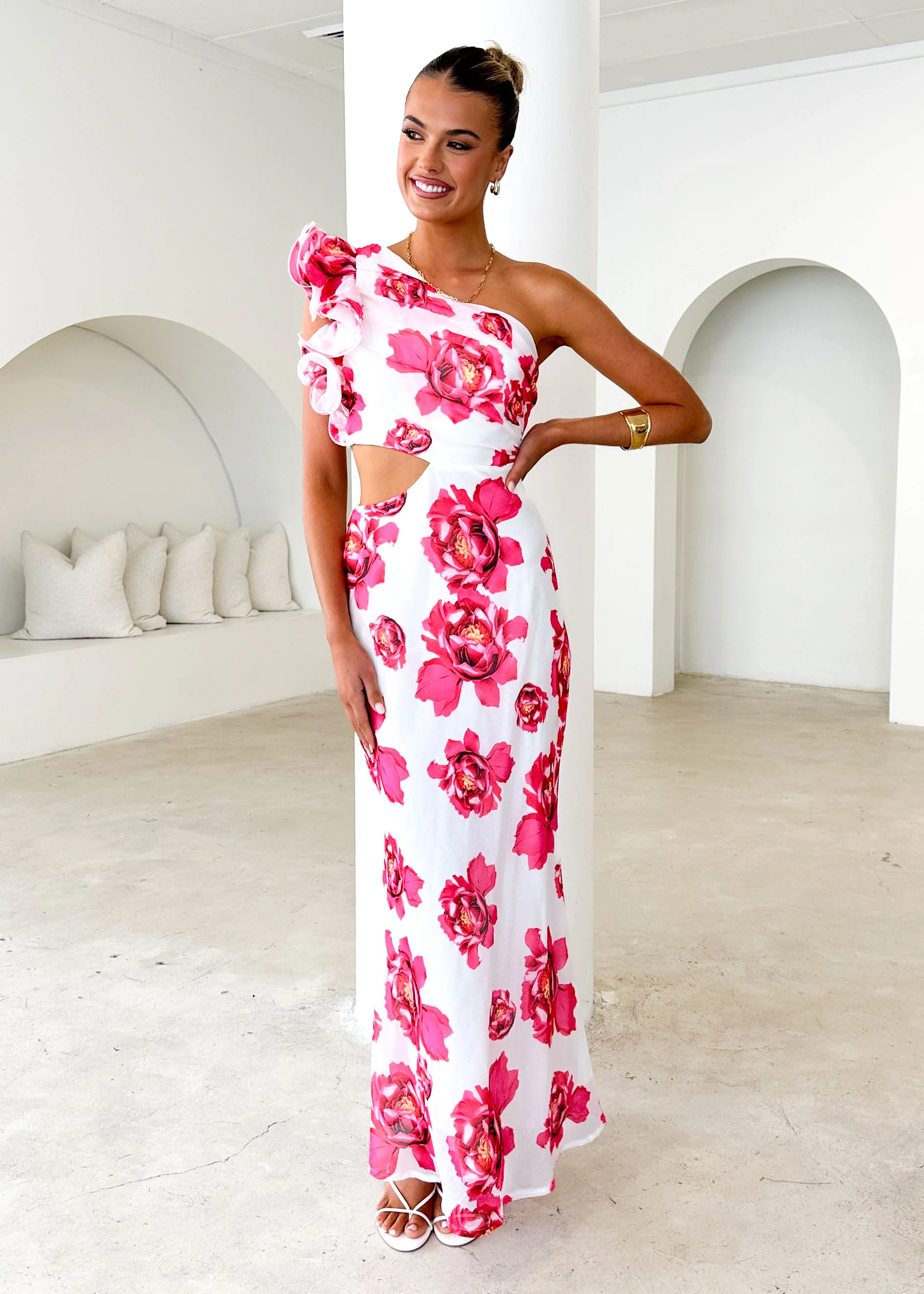 Edon One Shoulder Maxi Dress - Red Floral - Honorern