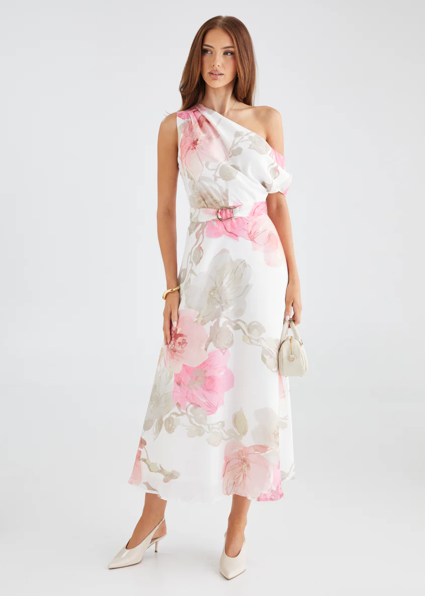 Jacqui Drop Shoulder Midi Dress - Pink Floral - Honorern