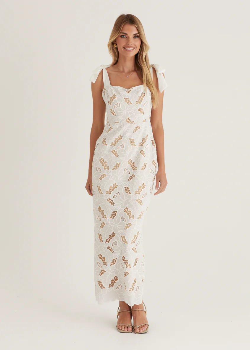 Serenity Embroidered Maxi Dress - Off White - Honorern