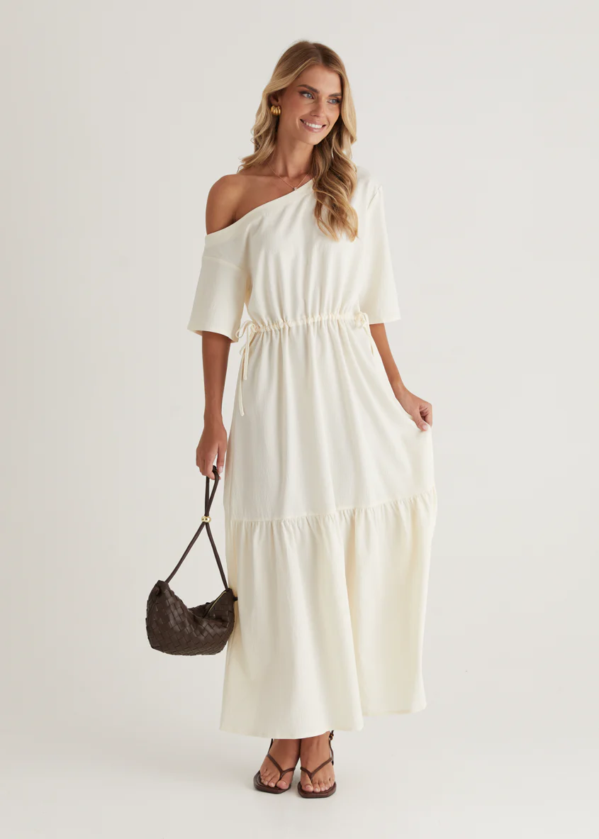 Loren Drop Shoulder Maxi Dress - Cream - Honorern