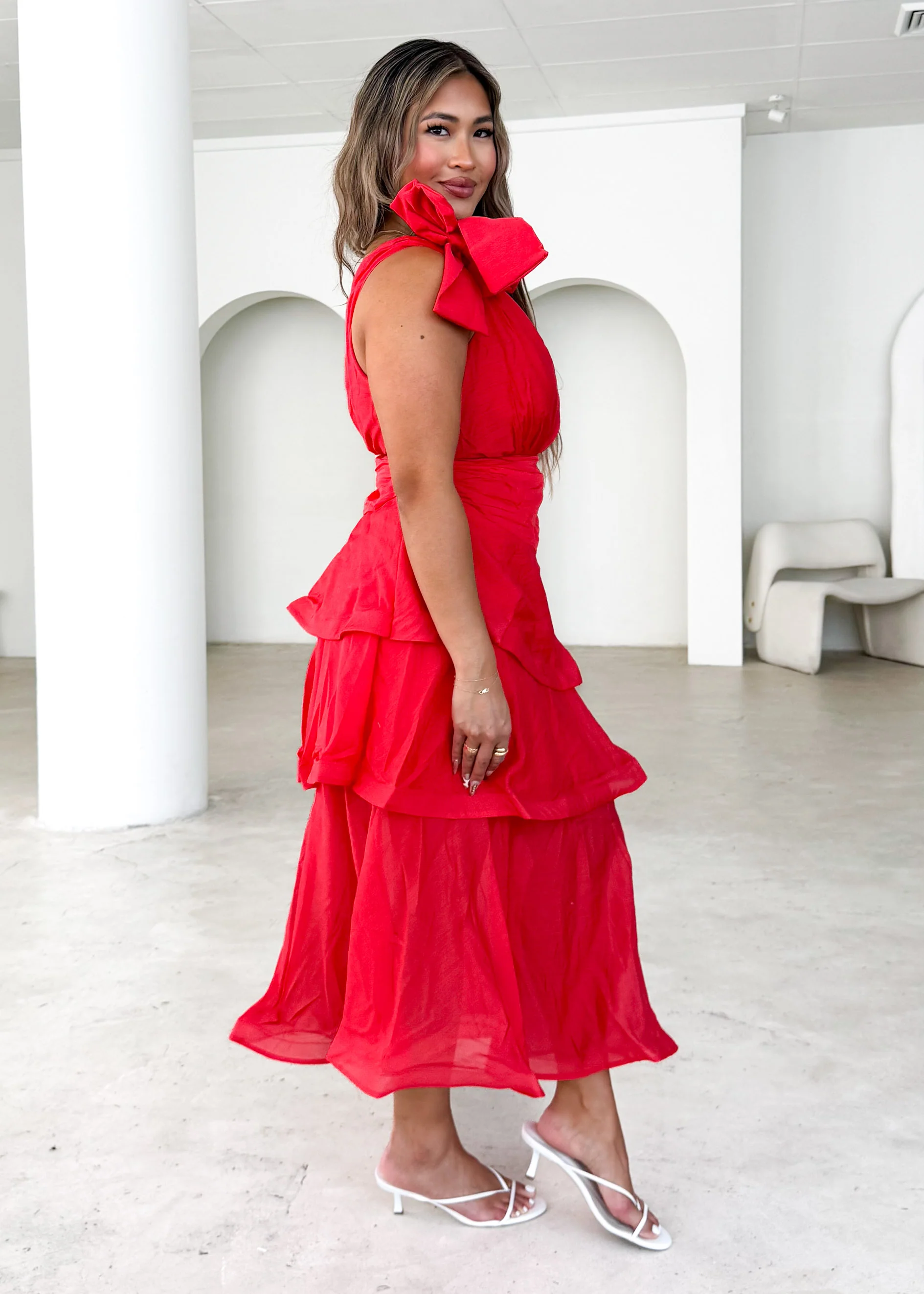 Pinnie One Shoulder Midi Dress - Red - Honorern