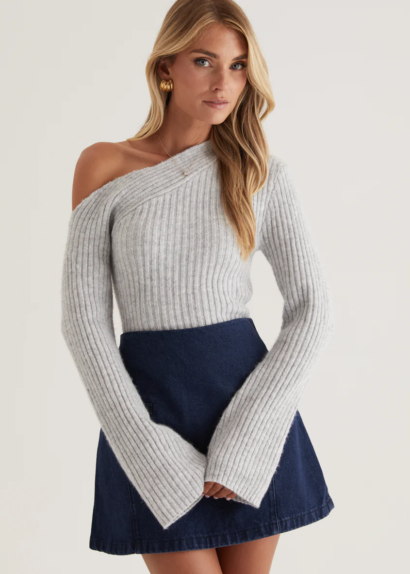 Lily One Shoulder Knit Top - Grey - Honorern