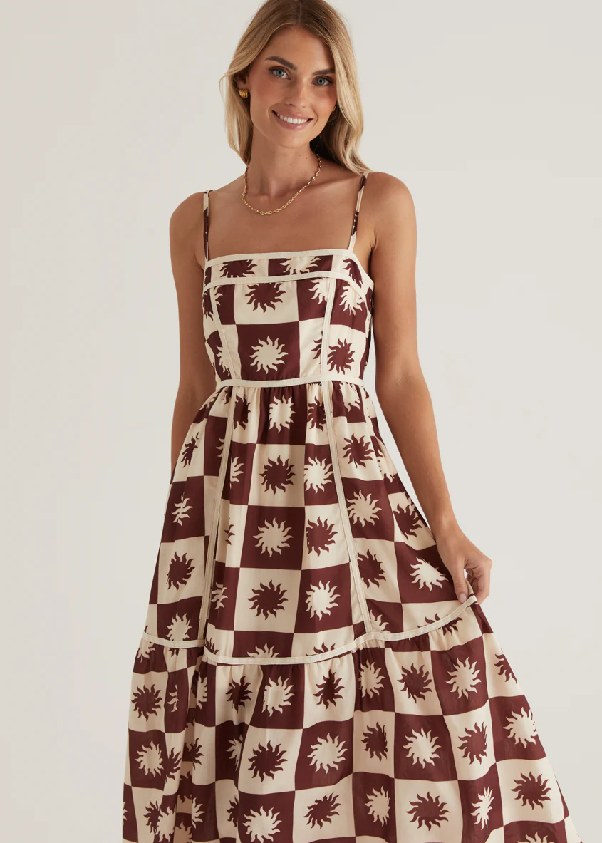 Valencia Midi Dress - Brown Abstract - Honorern