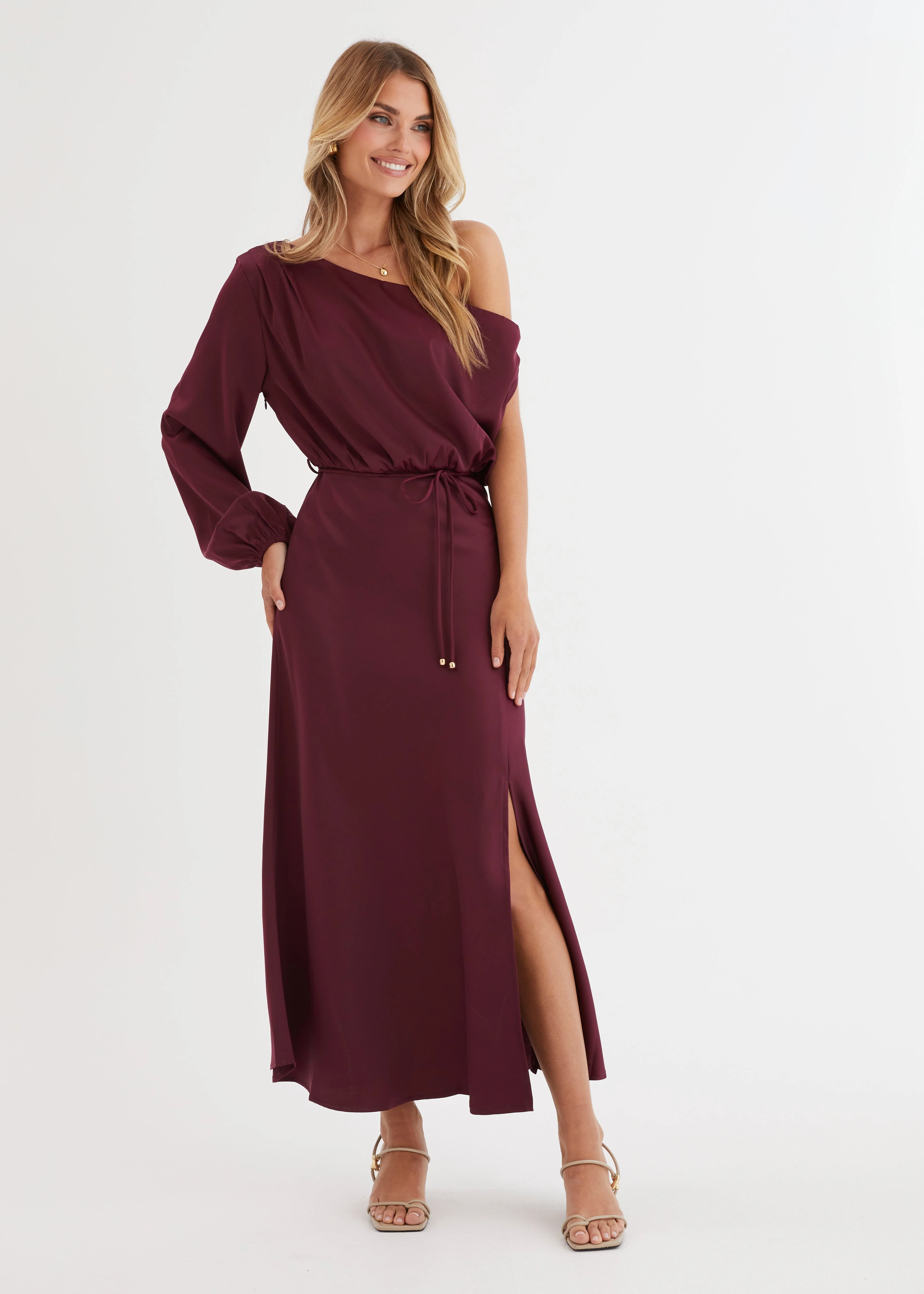 Skylah Drop Shoulder Midi Dress - Wine - Honorern