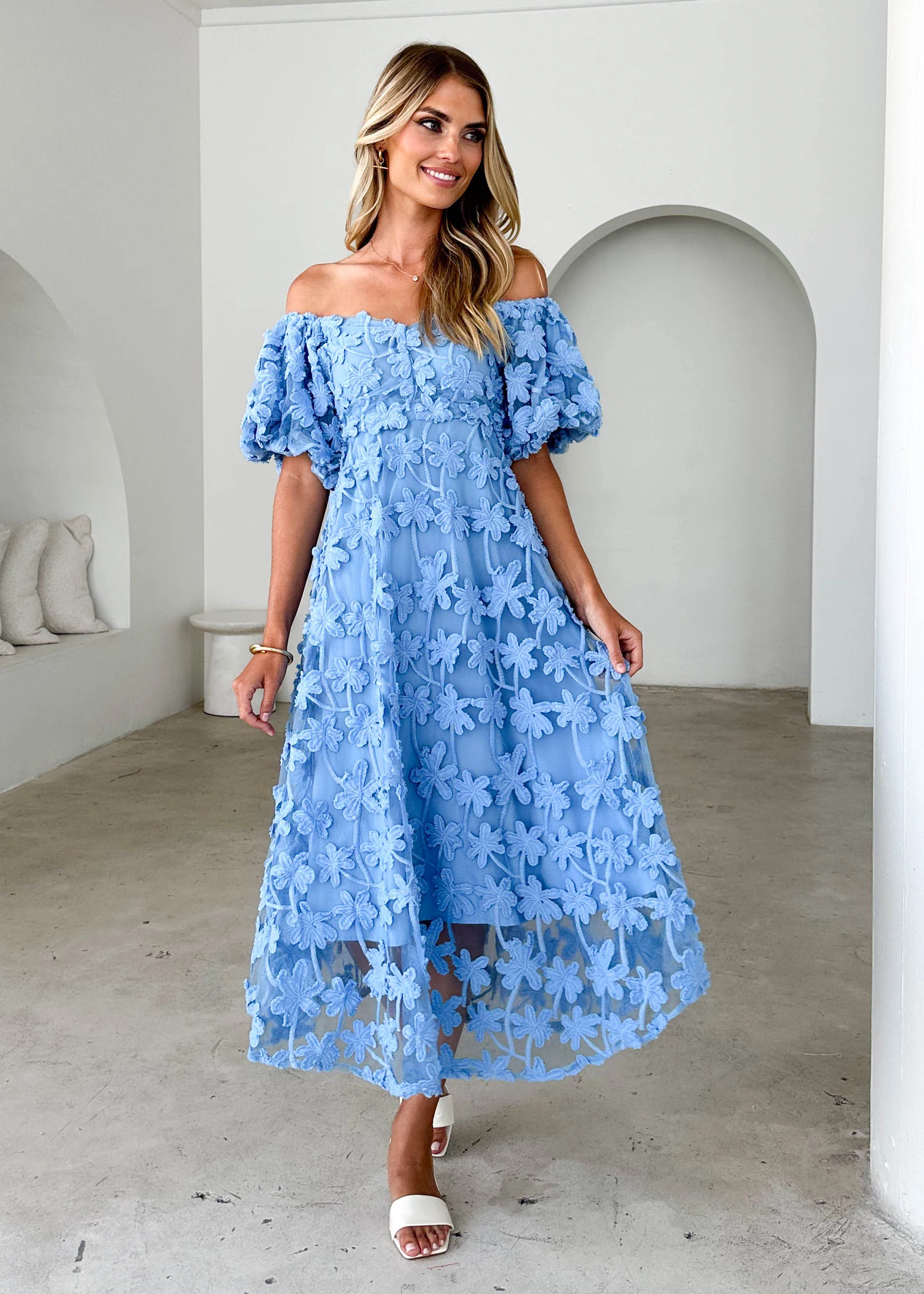 Maliah Off Shoulder Midi Dress - Blue Lace - Honorern