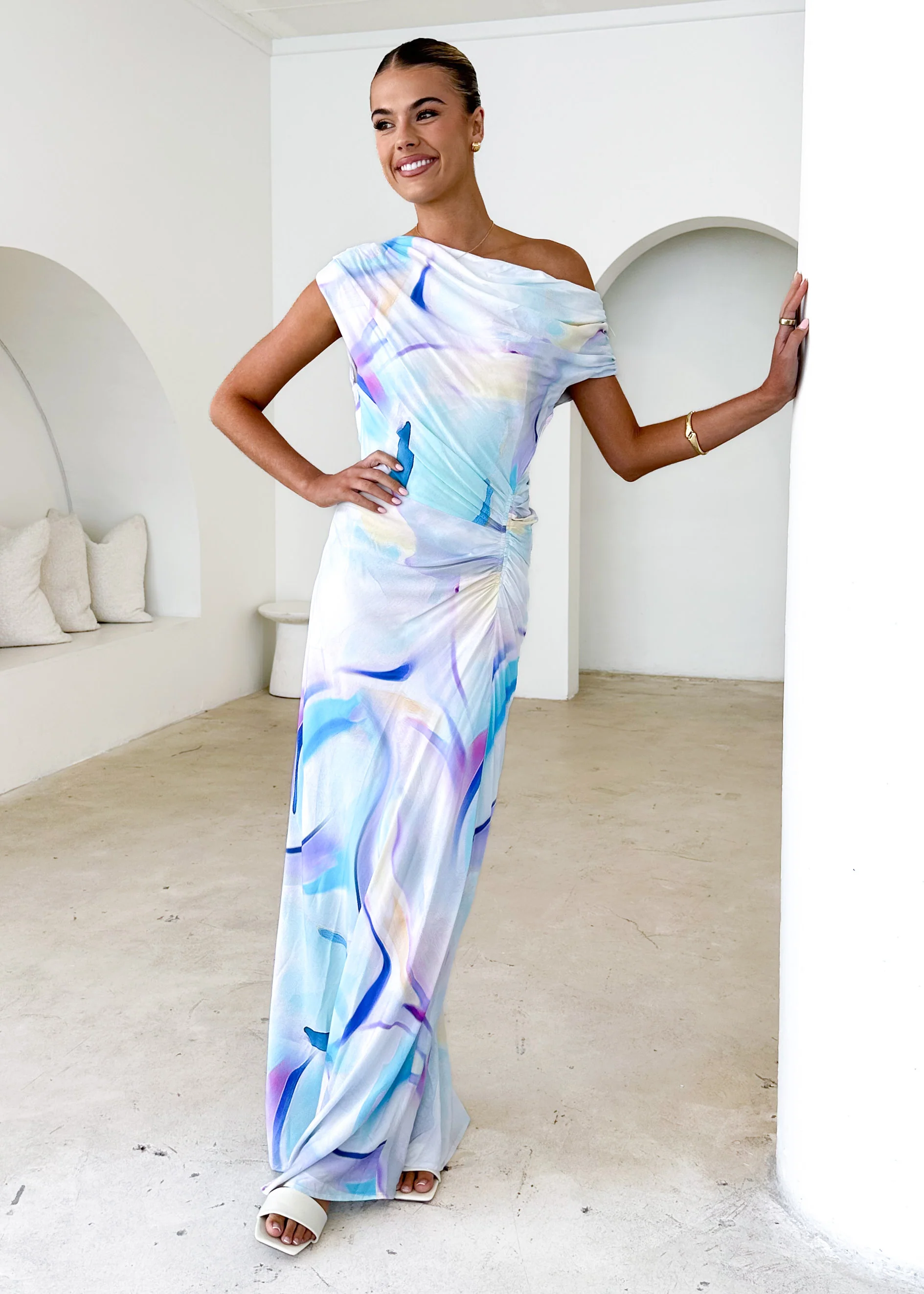 Flirtini One Shoulder Maxi Dress - Blue Swirl - Honorern