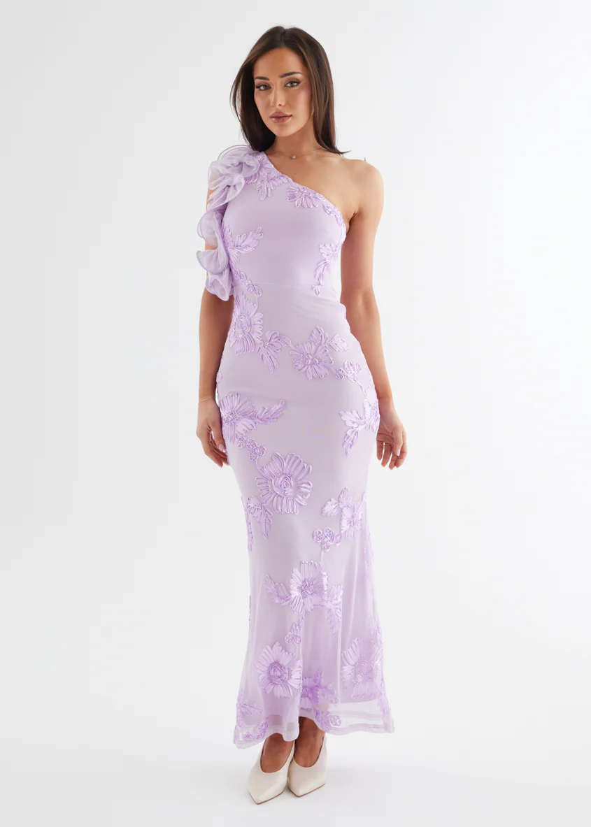 Taysia One Shoulder Mesh Maxi Dress - Lilac - Honorern