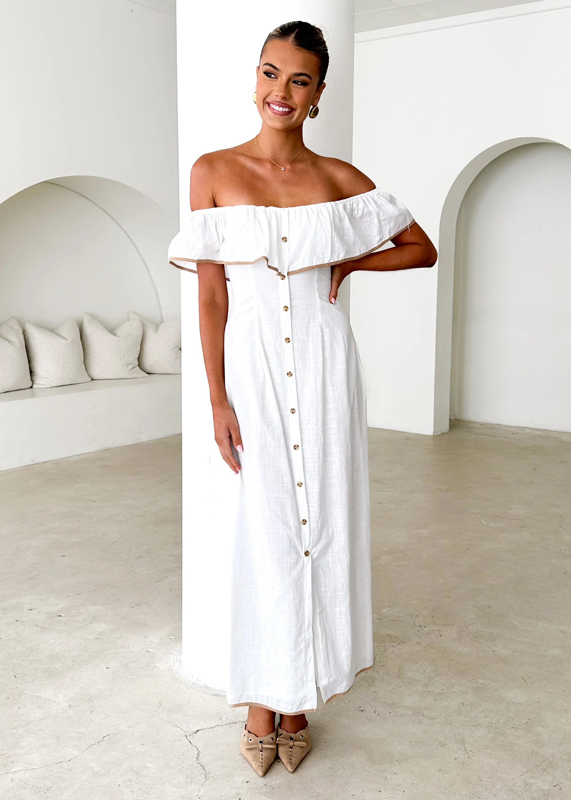 Genesis Off Shoulder Midi Dress - Off White - Honorern
