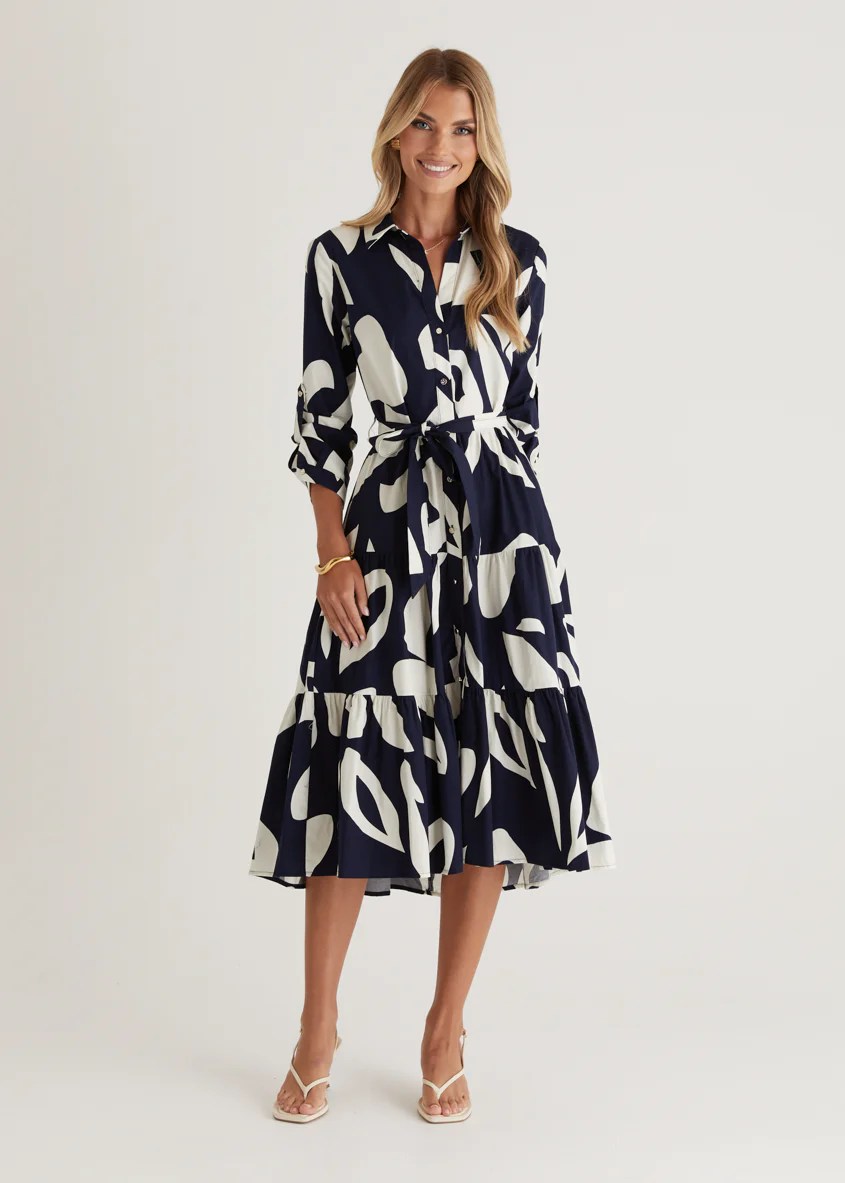 Maybelle Midi Dress - Navy Leaf - Honorern