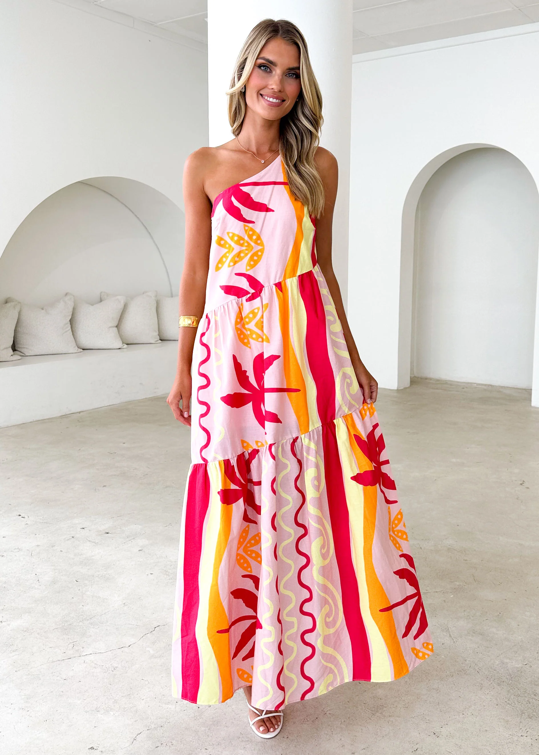 Indira One Shoulder Maxi Dress - Pink Palm - Honorern