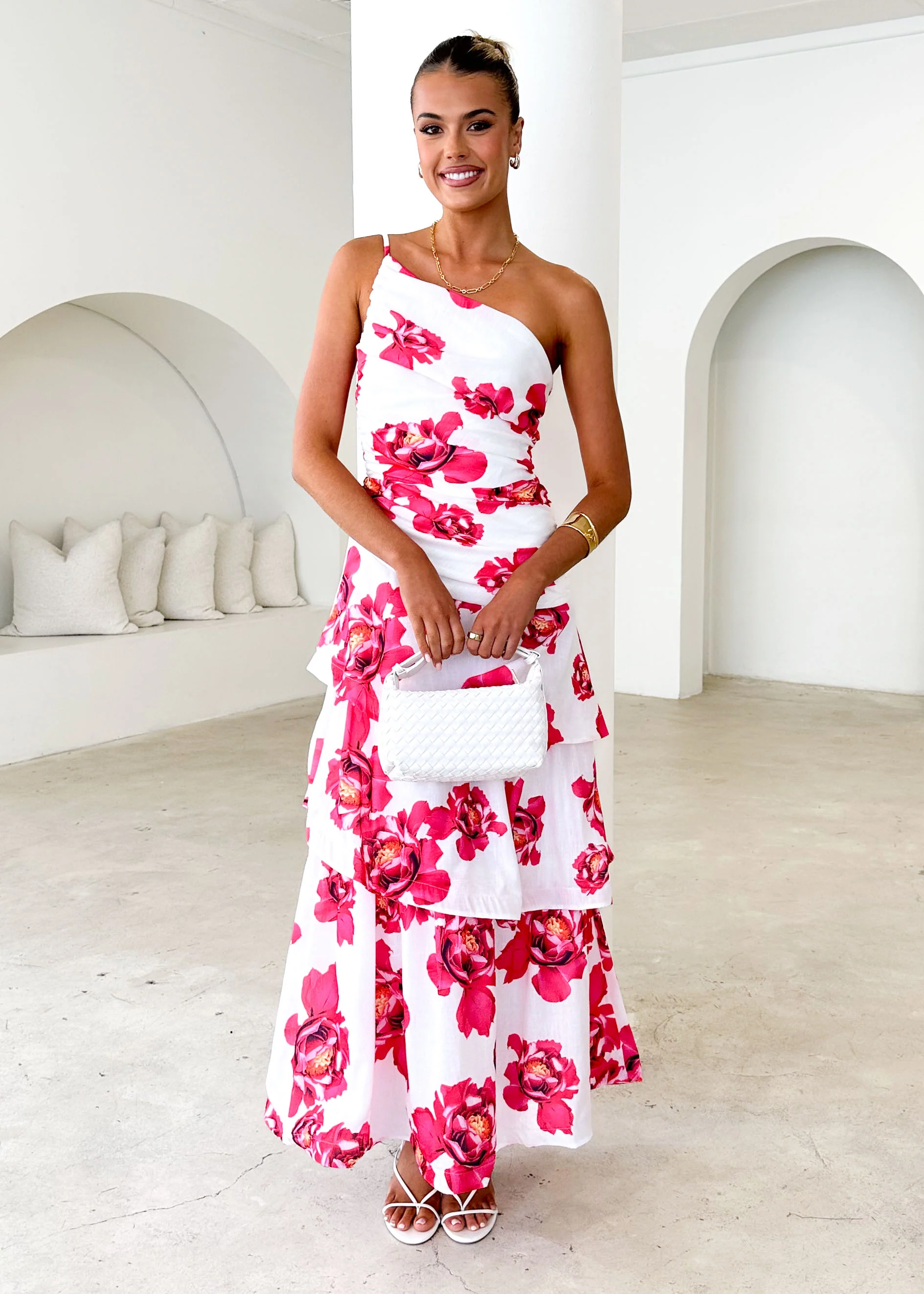 Aspra One Shoulder Midi Dress - Red Floral - Honorern