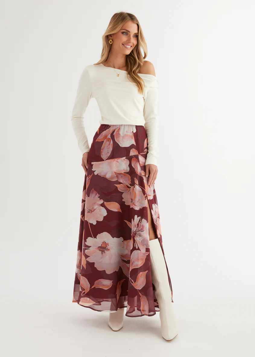 Tatum Maxi Skirt - Burgundy Floral - Honorern