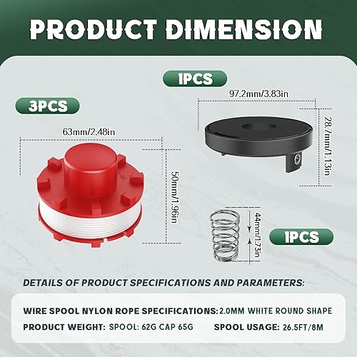 Bobina Compatibile con Einhell GE-CT 36/30 LI E SOLO, AGILLO 36/255 BL, AGILLO 18/200,bobina filo ricambio Compatibile con Einhell 3405096, tappo TLE-01-1 (3 bobine + 1 tappo + 1 primavera) - Honorern