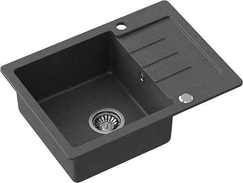 Lavello singolo da incasso, da 60 x 44 cm, in granito composito puntiforme, reversibile, con sifone, Grigio - Honorern