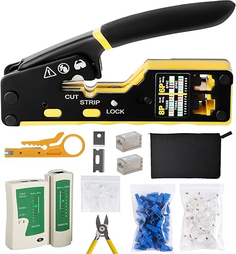Pinza Crimpatrice RJ45/RJ11 Passante per Connettori, Strumento Ethernet CAT5/CAT6 con Tester Cavi di Rete e 50 Connettori Cat6 e Coperture - Honorern