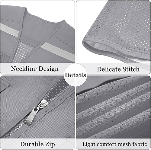 Gilet di Sicurezza Riflettente Unisex Gilet da Lavoro in Rete ad Alta Visibilità Gilet Esecutivo Multitasche Fluorescente Scollo a V con Cerniera, Costruzione/Volontario/Lavori all'aperto, S-XL - Honorern