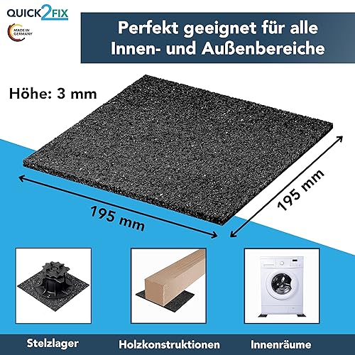 48 pezzi di cuscinetti per terrazze (cuscinetti in gomma 195 x 195 x 3,0 mm) per una costruzione stabile del terrazzo. Made in Germany - Honorern