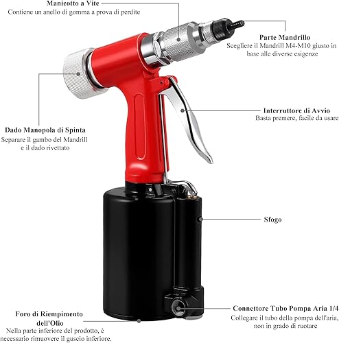 Proster Rivettatrice Pneumatica con 100Pz Inserti Filettati 1/4' Rivettatrice ad Aria Professionale per Rivetti M4 M5 M6 M8 M10 Pistola a Rivetto ad Aria per Decorazione Fabbricazione Macchine - Honorern