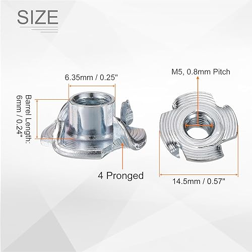 sourcing map Dadi a T M5 x 12 mm, 4 denti, 1,4 x 1,2 cm, completamente filettati, in acciaio al carbonio, inserti per legno, supporti per arrampicata, mobili, mobili, 50 pezzi - Honorern