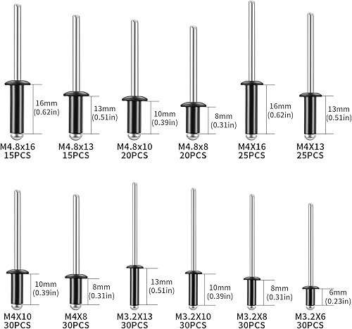 300 Pz Rivetti a Strappo, m3.2 m4 m4.8 Rivetti Ciechi in Acciaio al Carbonio, Rivetto Cieco a Testa, Rivetti Flangiati, Rivetti a Vite, Rivetti Ciechi a Flangia con Mandrino per Metallo Legno Plastica - Honorern