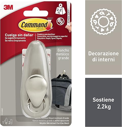Command 16804 Gancio Metallico Punta Arrotondata, Resistente all'Acqua, L, Nichel Spazzolato, L - Honorern