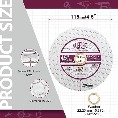 QUEFORET Disco Diamantato per Piastrelle 115mm - Disco Taglio per Taglio e Smerigliatura di Gres Porcellanato Ceramica Marmo Pietra Artificiale, con Rondella Staccabile - Honorern