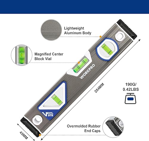 WORKPRO Livella a Bolla da 254mm, Livella con Bolla Misurazione Orizzontale/Verticale/45 °, Leggibile Frontale e Laterale, Ottimo per Costruttori Professionisti e Fai-da-te - Honorern
