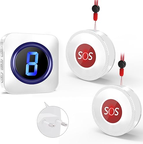 Wireless Pulsante Chiamata Emergenza, Wireless Allarme Sicurezza Cercapersone, Sistema Assistenza per Anziani Pazienti Bambini, 2 Trasmettitore SOS per Paziente Anziano nel Sistema - Honorern