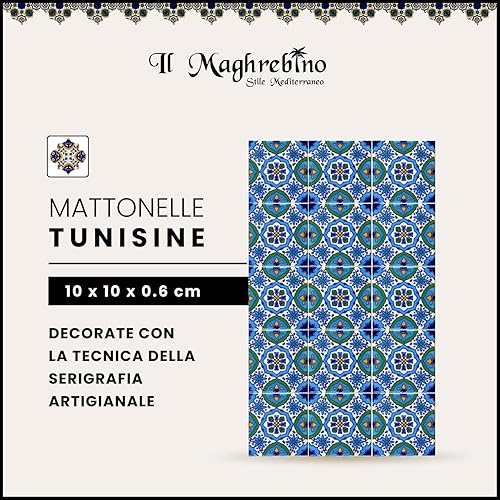 20 Mattonelle tipo MOURAD in ceramica smaltata 10 X 10 cm spessore 0,6 cm - Mattonelle Tunisine realizzate con Serigrafia Artigianale (Blu). Adatte a rivestimento. - Honorern