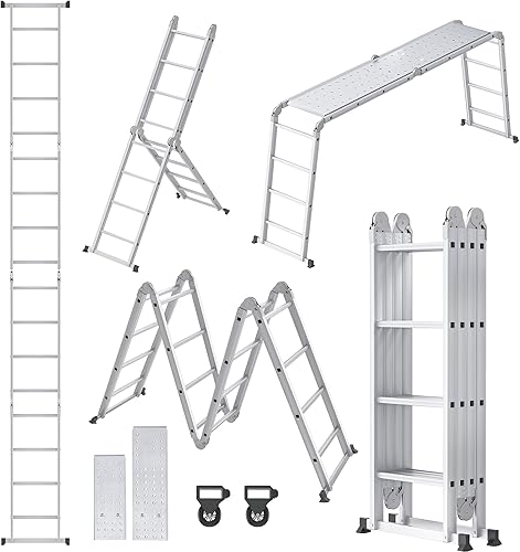 Scala multiuso 6 in 1, in alluminio, 470 cm, con piattaforma fino a 150 kg, portata 4 x 4 gradini, colore: argento - Honorern