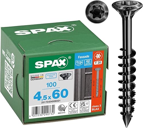 SPAX 25170404505021 - Viti per facciata, 4,5 x 50 mm, filettatura parziale, testa svasata, T-STAR plus T20, punta CUT, in acciaio inox A2 BLAX - Honorern