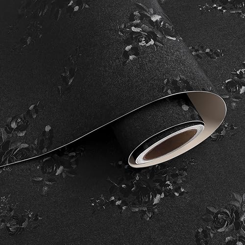 VaryPaper Carta da Parati con Rose Nera 40cmx200cm Pellicola Adesiva Nera Opaca Adesivi Decorativi per Mobili Carta da Parati Adesiva Muro Floreale Camera Letto Soggiorno Adesiva per Armadio Cassetti - Honorern