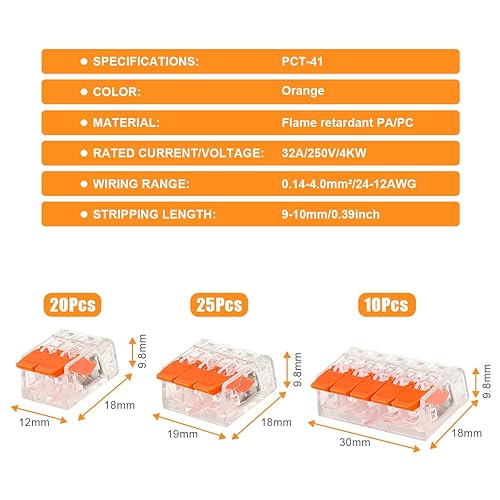 Flintronic Connettori Elettrici, 90 Pezzi Terminali a Collegamento Rapido 1 Filo 2 Entrate, Morsetto Conduttore da 4mm², per Cavi Combinabili Liberamente, Elettrico Kit, PA/PC Ritardante di Fiamma - Honorern