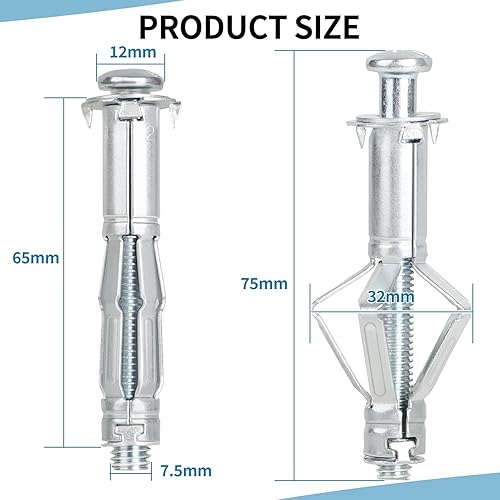 30 tasselli per cavità, M8 x 65 mm, zincati, tasselli per pareti cave, tasselli di espansione con vite, tasselli autofilettanti in cartongesso, per fissaggio in cartongesso - Honorern