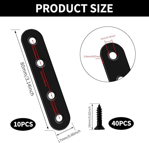10 Pezzi Staffa Piatta Staffa Angolare Piatta Acciaio Inossidabile 80x16 mm per Il Fissaggio di Mobili - Nero - Honorern