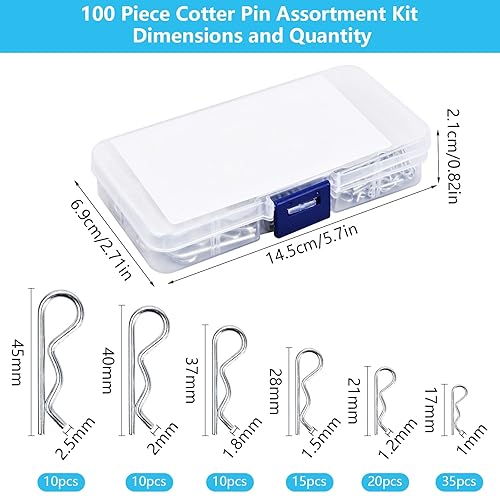 100 Pezzi Coppiglie, Coppiglie Acciaio Inox, Coppiglie a Scatto, Coppiglie Mollette A R, Coppiglia a Molla in Acciaio Inox, Adatto Ad Auto, Camion, Trattori, Tosaerba, 6 Dimensioni - Honorern